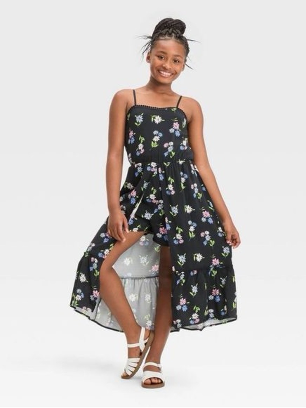 New Art Class black floral cami strap walk-through romper dress girls XL